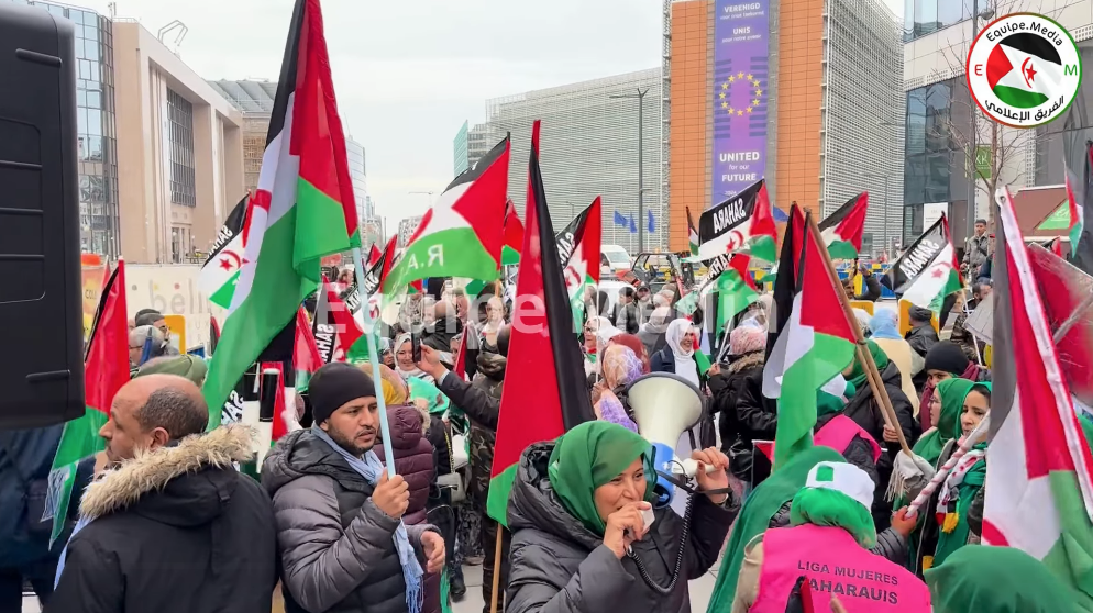 جانب من مظاهرة أمام البرلمان الأوروبي تنديدا باتفاق المفوضية الأوروبية والمغرب على ثروات الصحراء الغربية.
